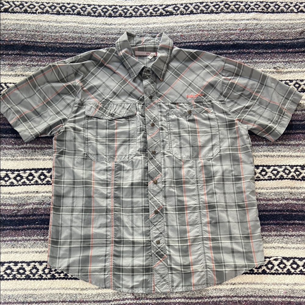 Blurr Mens M Casual Gray Button Down Plaid Shirt nylon Medium Snap Button